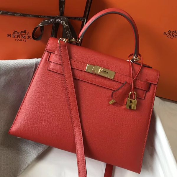 HERM Kelly 28cm Bag In Red Epsom Leather GHW