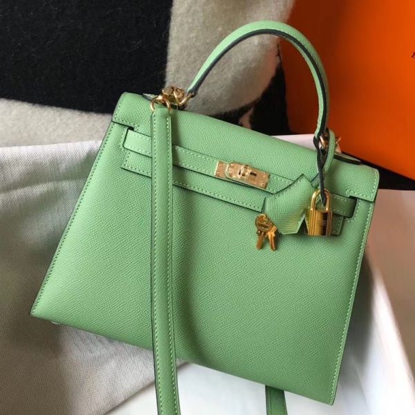 HERM Kelly 28cm Bag In Vert Criquet Epsom Leather GHW