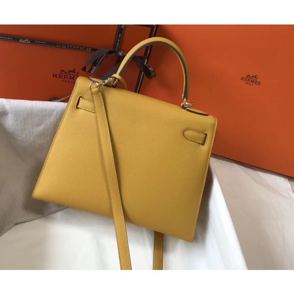 HERM Kelly 28cm Bag In Yellow Epsom Leather GHW