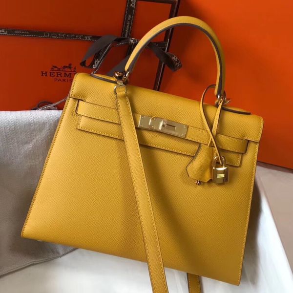 HERM Kelly 28cm Bag In Yellow Epsom Leather GHW