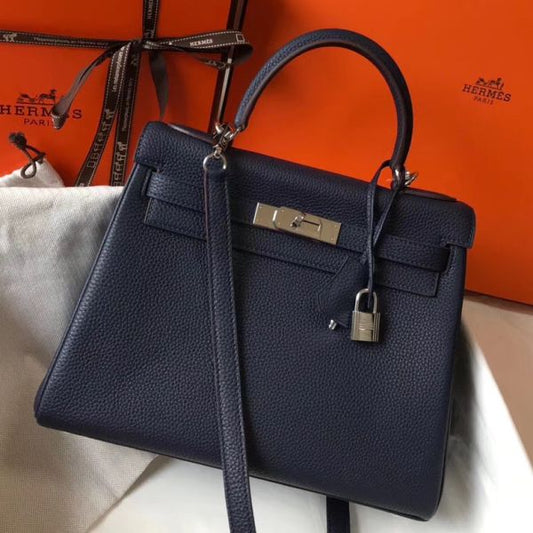 HERM Kelly 32cm Bag In Dark Blue Clemence Leather PHW