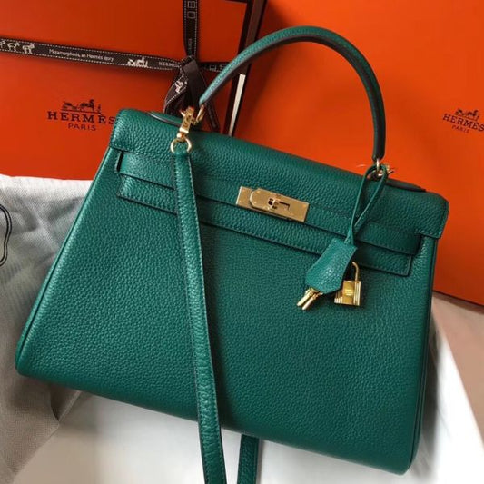 HERM Kelly 32cm Bag In Malachite Clemence Leather GHW
