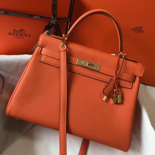 HERM Kelly 32cm Bag In Orange Clemence Leather GHW