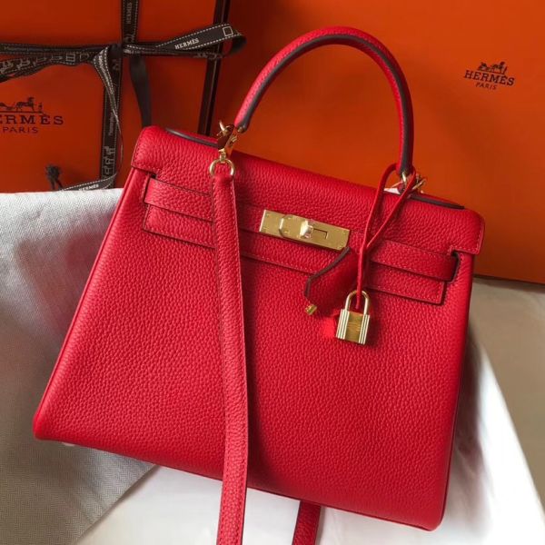HERM Kelly 32cm Bag In Red Clemence Leather GHW