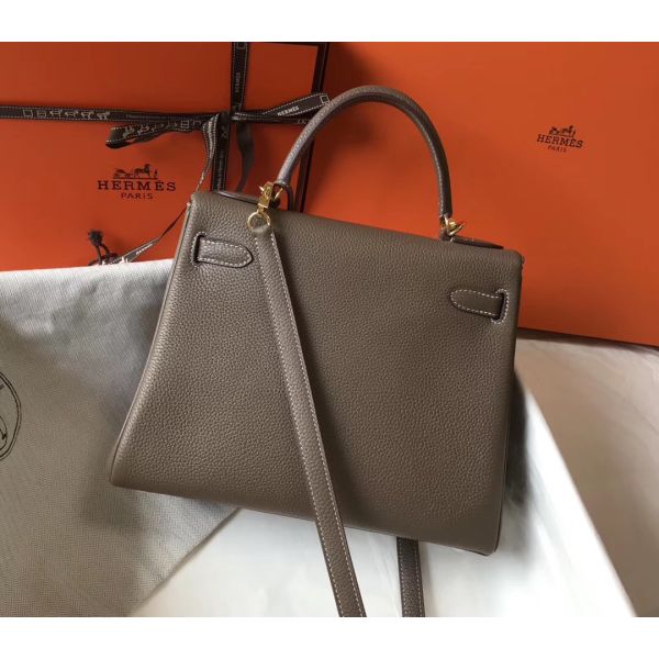 HERM Kelly 32cm Bag In Taupe Grey Clemence Leather GHW