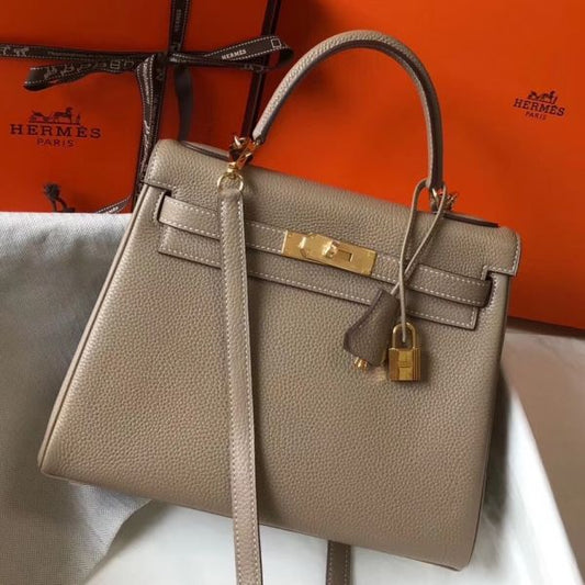 HERM Kelly 32cm Bag In Gris Tourterelle Clemence Leather GHW
