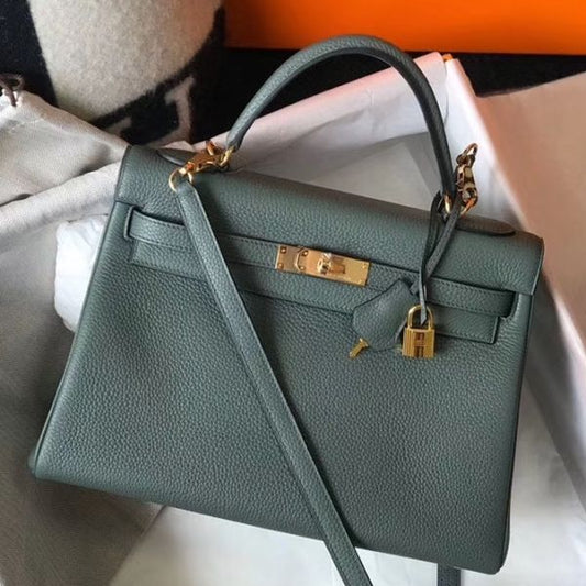 HERM Kelly 32cm Bag In Vert Amande Clemence Leather GHW