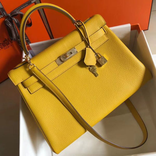 HERM Kelly 32cm Bag In Yellow Clemence Leather GHW