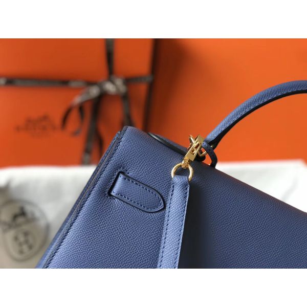 HERM Kelly 32cm Bag In Blue Agate Epsom Leather GHW