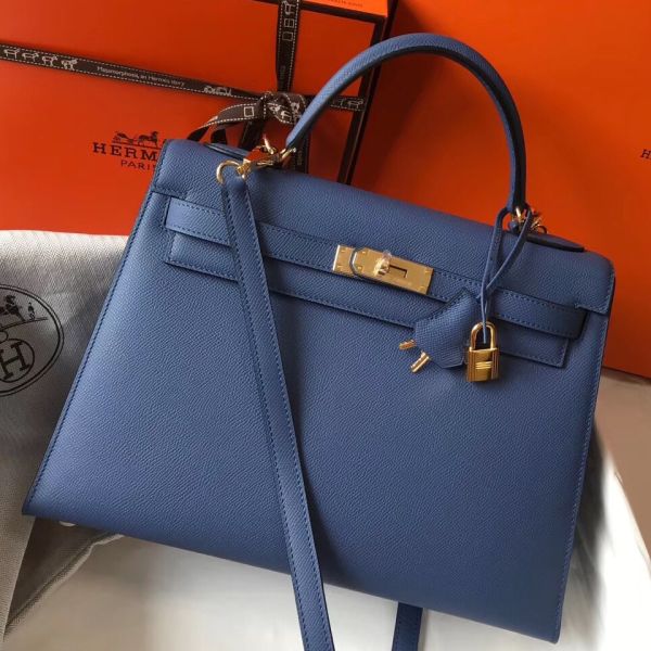 HERM Kelly 32cm Bag In Blue Agate Epsom Leather GHW