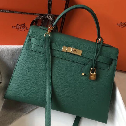 HERM Kelly 32cm Bag In Vert Vertigo Epsom Leather GHW