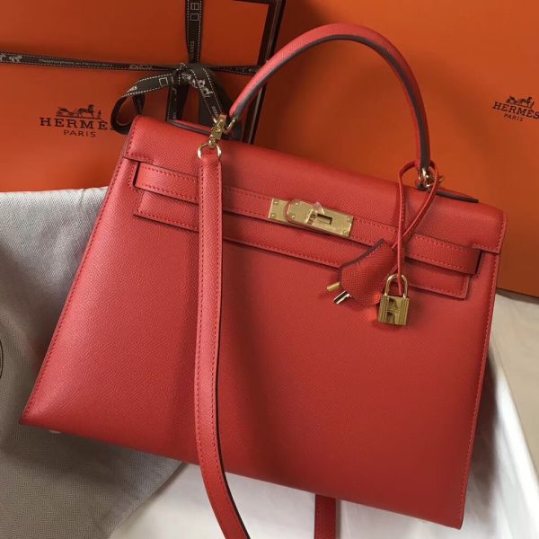 HERM Kelly 32cm Bag In Red Epsom Leather GHW