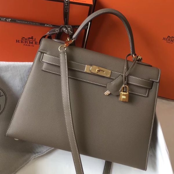 HERM Kelly 32cm Bag In Tuape Grey Epsom Leather GHW