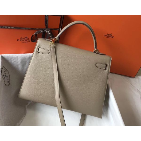 HERM Kelly 32cm Bag In Gris Tourterelle Epsom Leather GHW