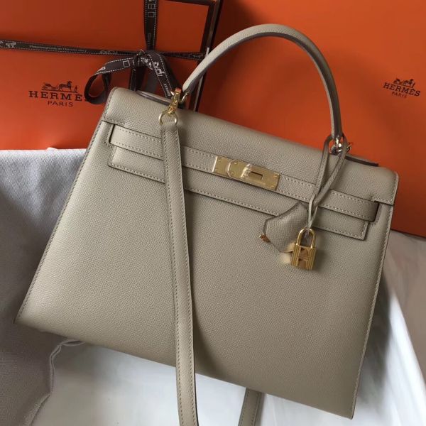 HERM Kelly 32cm Bag In Gris Tourterelle Epsom Leather GHW