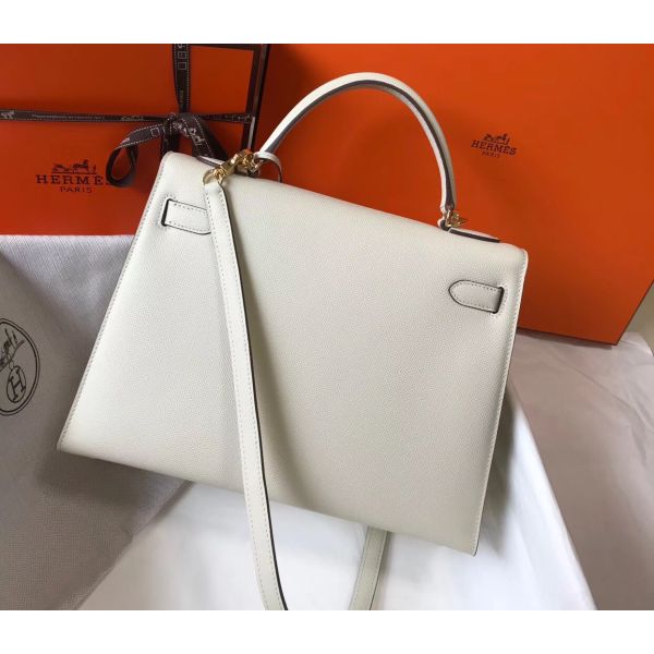 HERM Kelly 32cm Bag In White Epsom Leather GHW