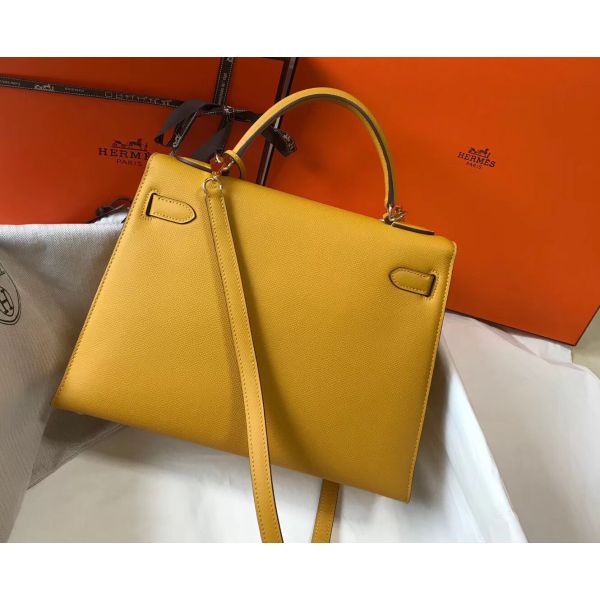 HERM Kelly 32cm Bag In Yellow Epsom Leather GHW