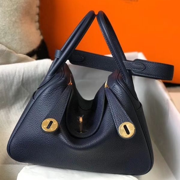 HERM Lindy 26cm Bag In Navy Blue Clemence Leather GHW