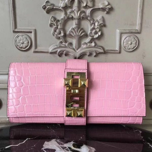 HERM Medor Clutch Bag In Pink Crocodile Leather