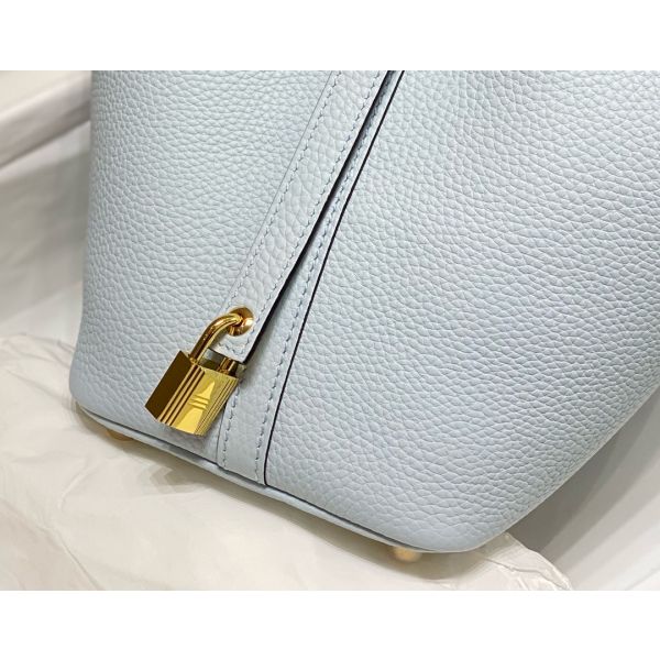 HERM Picotin Lock 22 Bag In Blue Brume Clemence Leather