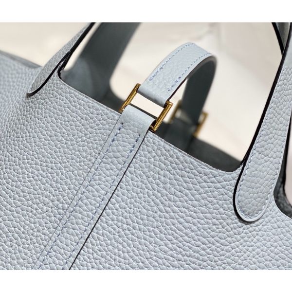 HERM Picotin Lock 22 Bag In Blue Brume Clemence Leather