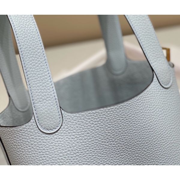 HERM Picotin Lock 22 Bag In Blue Brume Clemence Leather