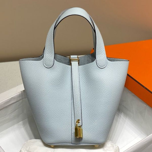 HERM Picotin Lock 22 Bag In Blue Brume Clemence Leather