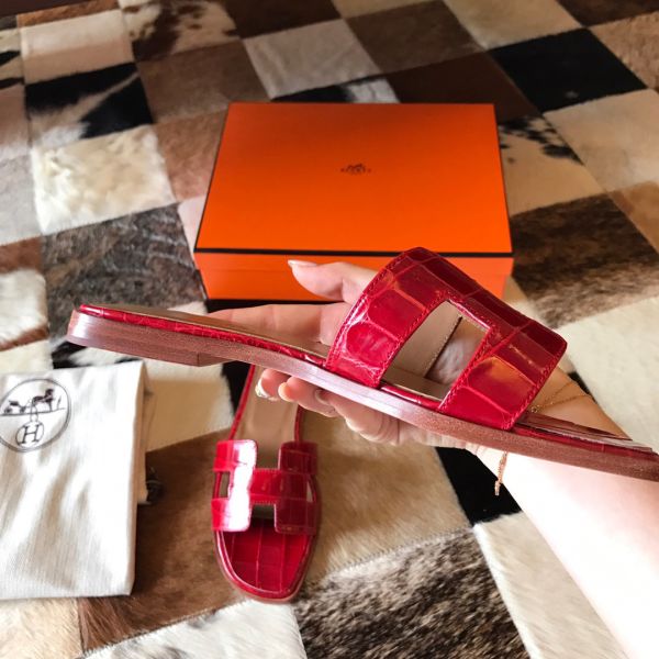 HERM Oran Slide Sandals In Red Shiny Niloticus Crocodile Skin