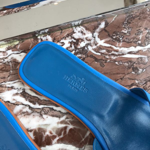 HERM Oran Slide Sandals In Blue Hydra Epsom Calfskin