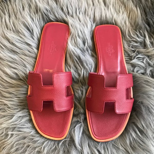 HERM Oran Slide Sandals In Ruby Epsom Calfskin