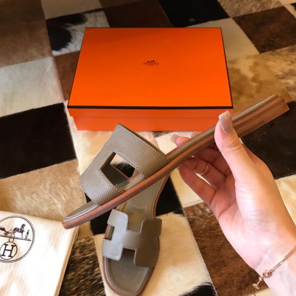 HERM Oran Slide Sandals In Taupe Epsom Calfskin