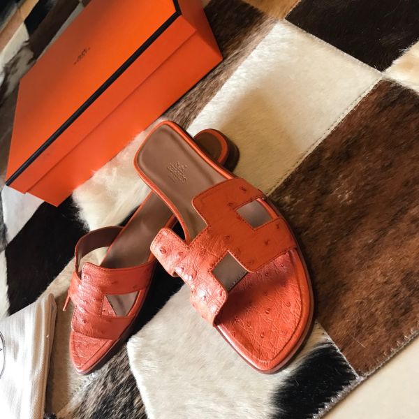 HERM Oran Slide Sandals In Orange Ostrich Leather
