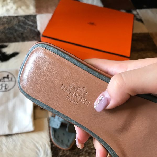 HERM Oran Slide Sandals In Vert Amande Ostrich Leather