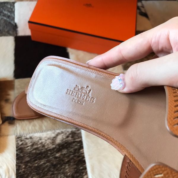 HERM Oran Slide Sandals In Gold Epsom Perforated Calfskin