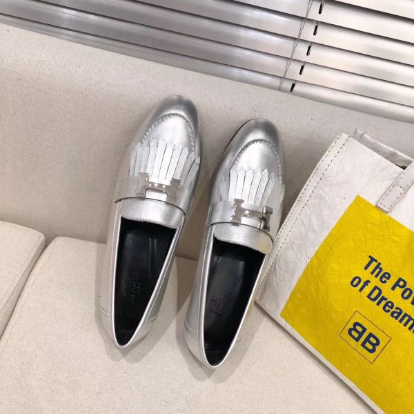 HERM Royal Loafers In Silver Metallic Lambskin
