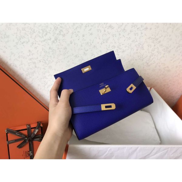 HERM Kelly Classic Long Wallet In Blue Electric Epsom Leather