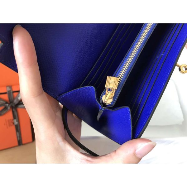 HERM Kelly Classic Long Wallet In Blue Electric Epsom Leather