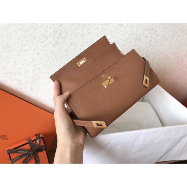 HERM Kelly Classic Long Wallet In Brown Epsom Leather