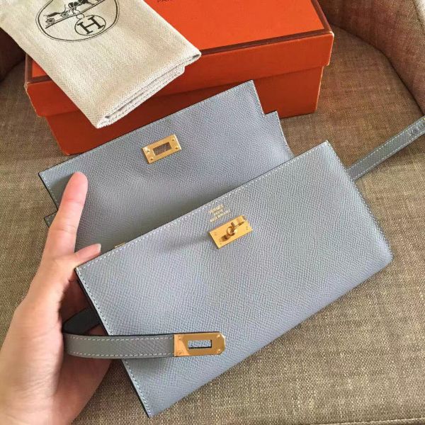HERM Kelly Classic Long Wallet In Ciel Epsom Leather