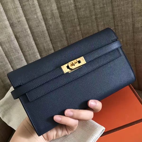 HERM Kelly Classic Long Wallet In Navy Epsom Leather