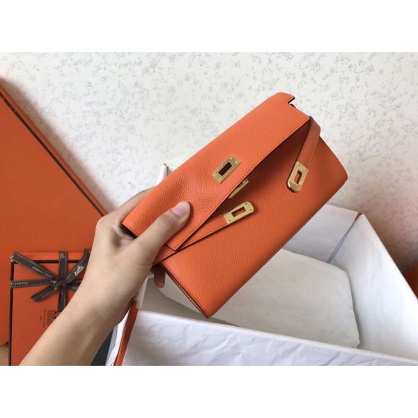 HERM Kelly Classic Long Wallet In Orange Epsom Leather