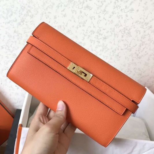 HERM Kelly Classic Long Wallet In Orange Epsom Leather