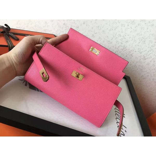 HERM Kelly Classic Long Wallet In Pink Epsom Leather