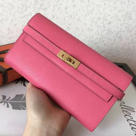 HERM Kelly Classic Long Wallet In Pink Epsom Leather