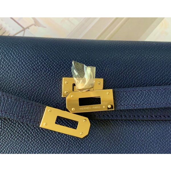 HERM Kelly Classique To Go Wallet In Dark Blue Epsom Calfskin