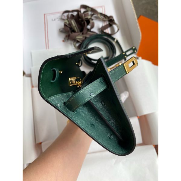 HERM Kelly Classique To Go Wallet in Malachite Ostrich Leather