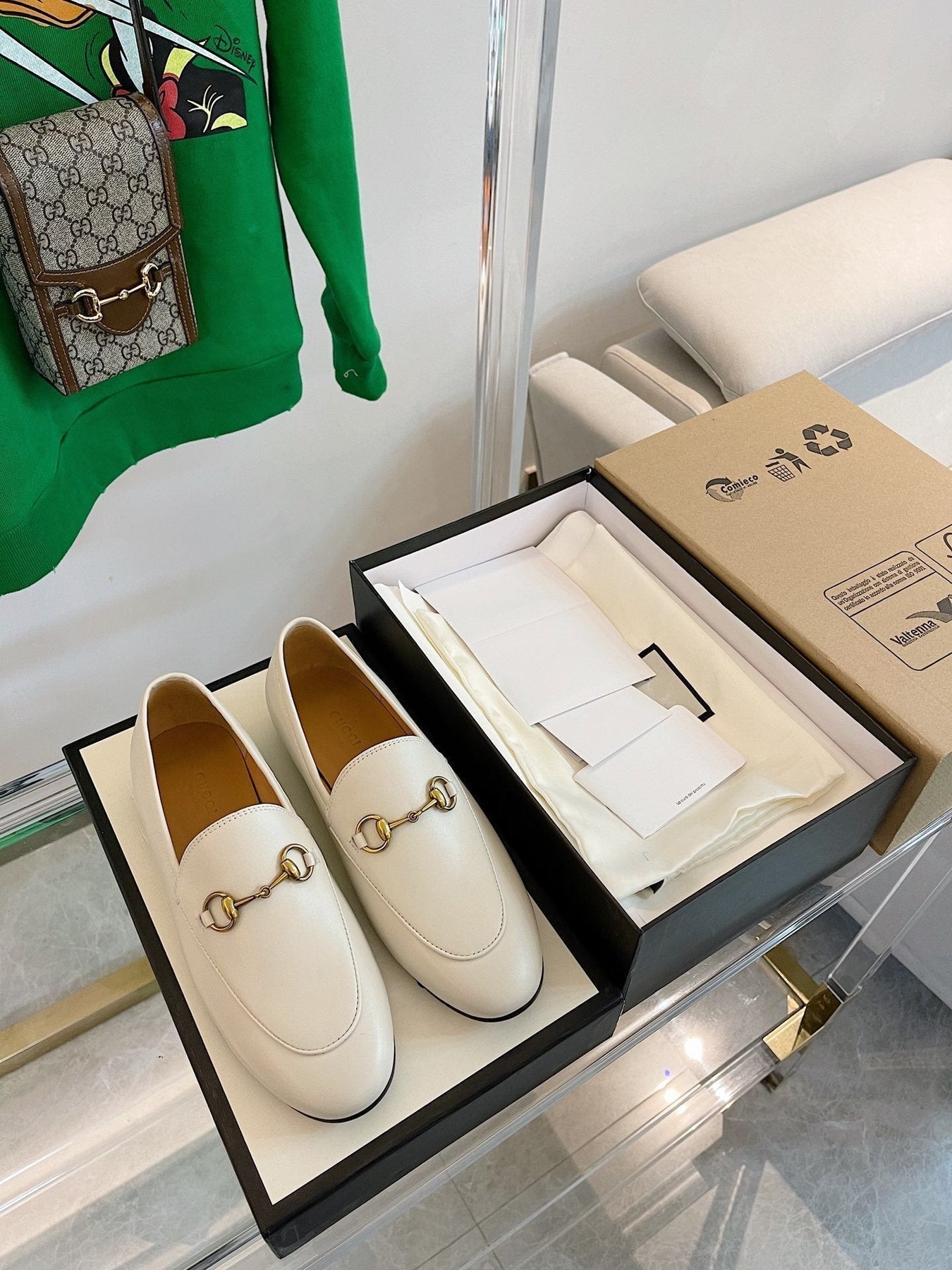 GG LOAFERS MULES WHITE BROWN SOLE