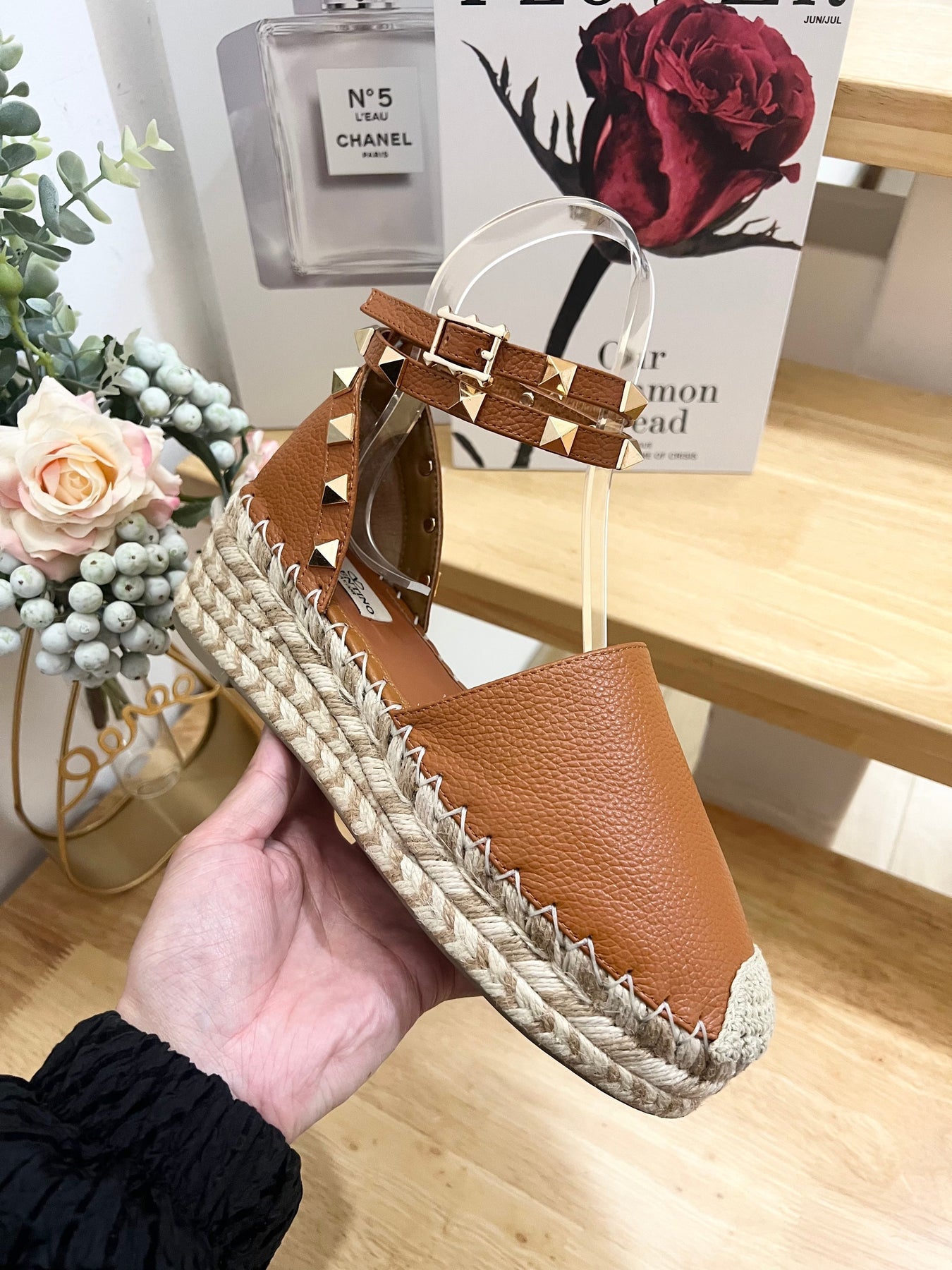 BRONZE BROWN LEATHER ROCKSTUD ESPADRILLES ANKLE STRAP FLATS