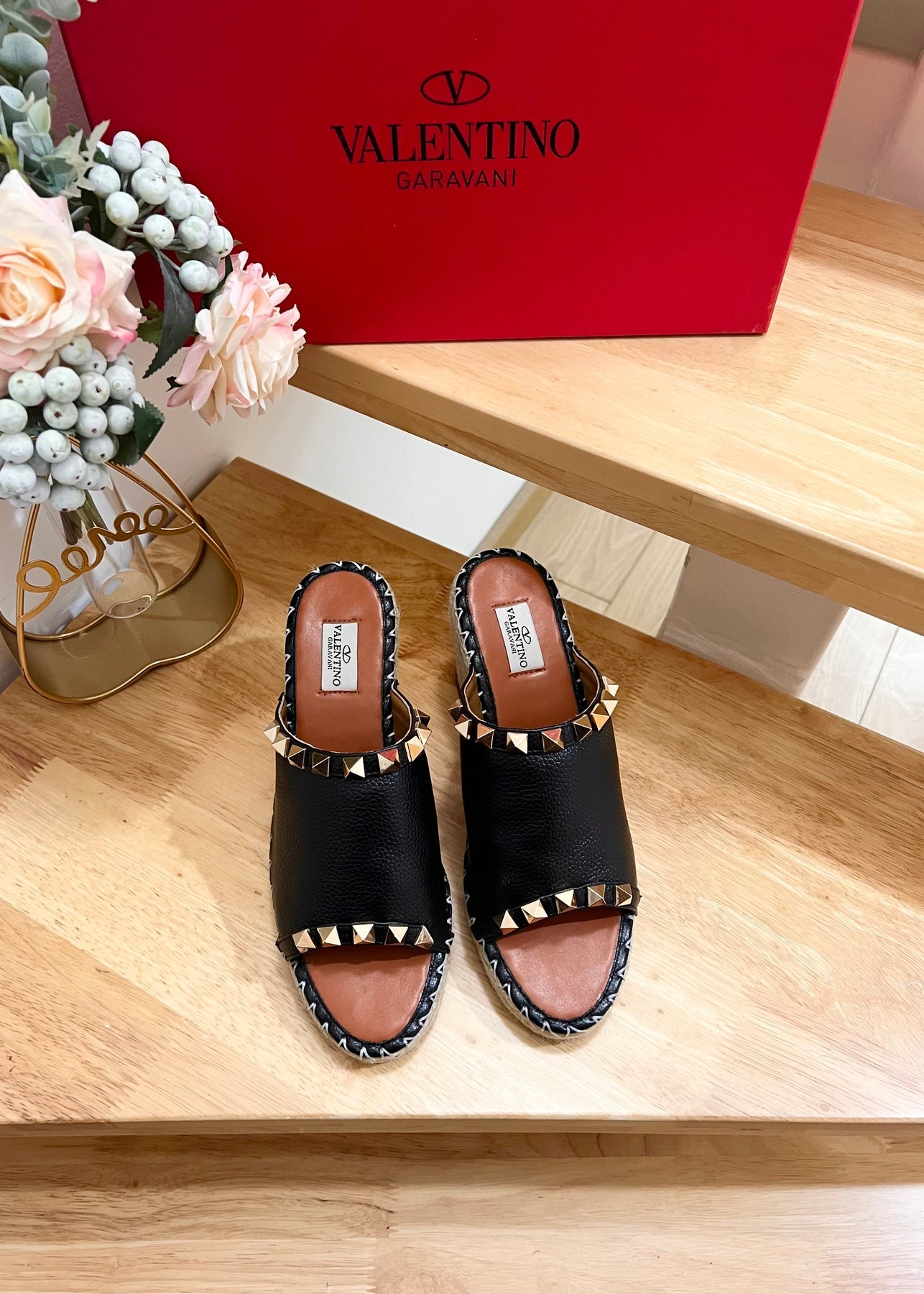 LACE-UP WEDGE SANDALS IN BLACK CALFSKIN WITH STUDS
