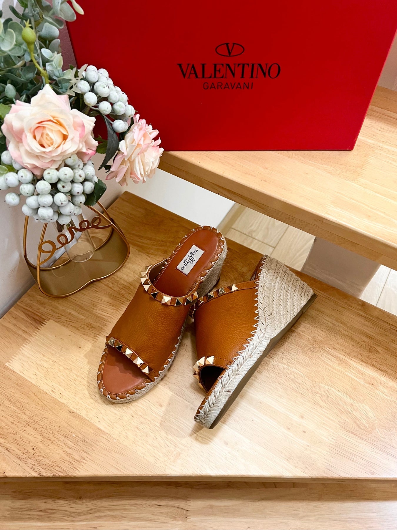 LACE-UP WEDGE SANDALS IN BRONZE BROWN CALFSKIN WITH STUDS